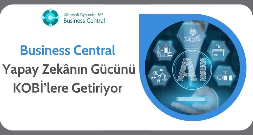 Microsoft Dynamics 365 Business Central logosu; sağda fabrika, drone ve wifi ikonlu yapay zeka simgesi