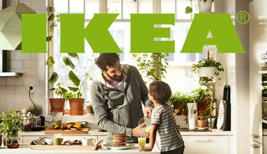 IKEA logo over a photo of a father and child preparing breakfast in a kitchen