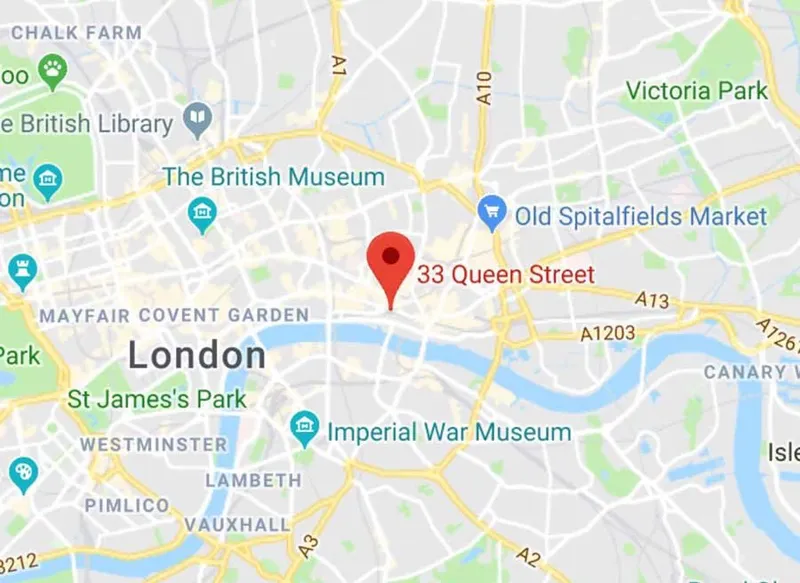 Londra haritasında 33 Queen Street adresini gösteren kırmızı konum işareti