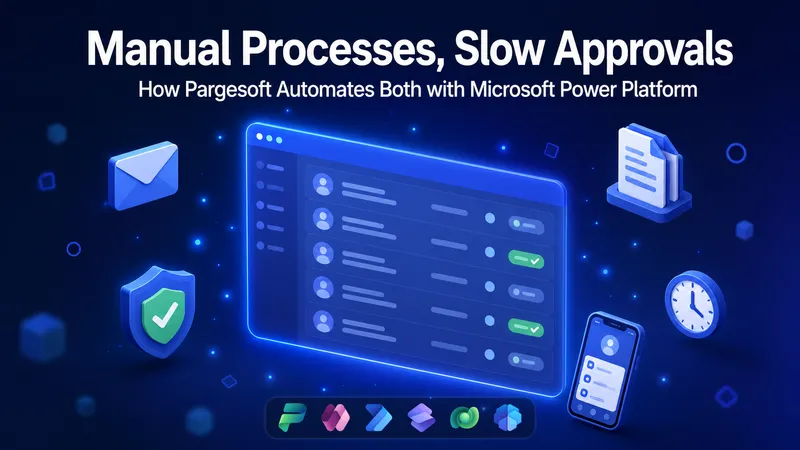 Approval dashboard mockup with envelope, shield and clock icons, plus Power Platform app logos