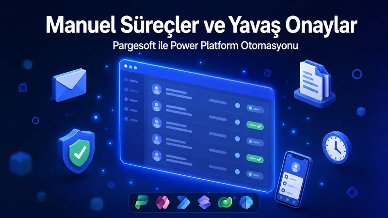 Onay listesi gösteren bir panel çizimi; zarf, kalkan ve saat simgeleri ile altta Power Platform uygulama logoları