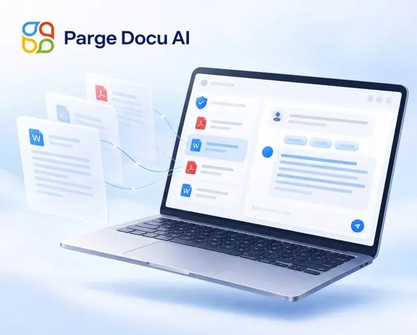 Parge Docu AI app screen: a SharePoint document list on the left, a question and its answer on the right