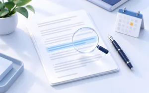 A contract on a desk with a magnifying glass over a highlighted clause, beside a fountain pen and a calendar