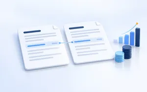 Two contracts with matching clauses linked together, beside stacks of coins and a rising bar chart