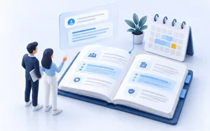 Two employees looking at an open policy handbook, beside a question-and-answer panel and a calendar with days marked