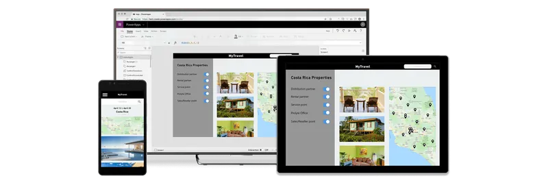 PowerApps ile hazırlanan MyTravel uygulaması masaüstü, tablet ve telefonda: Costa Rica mülkleri