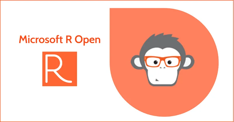Microsoft R Open logosu ve turuncu gözlüklü karikatür maymun maskotu