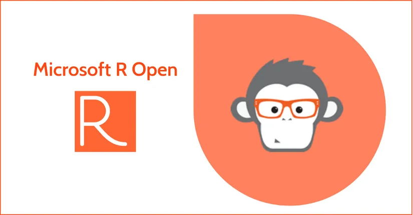 Microsoft R Open logosu ve turuncu gözlüklü karikatür maymun maskotu