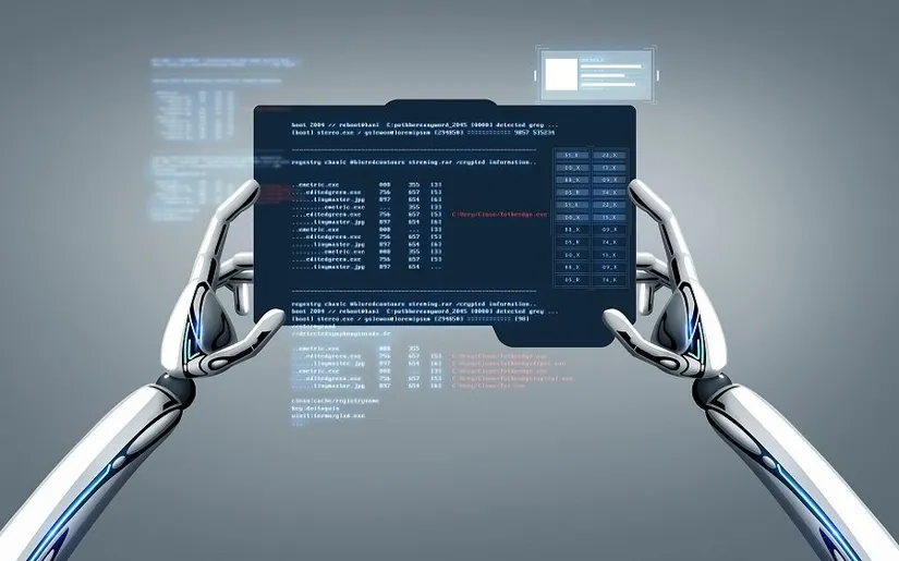 Kod ve dosya listeleri içeren bir ekranı tutan iki robot elin çizimi