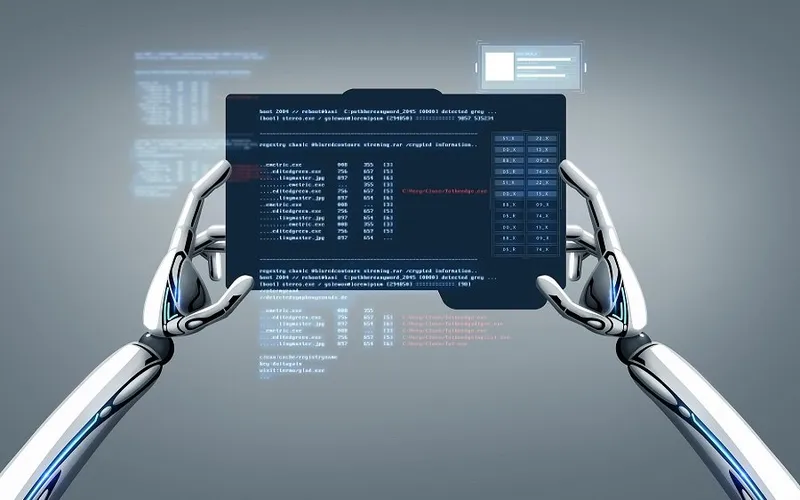 Kod ve dosya listeleri içeren bir ekranı tutan iki robot elin çizimi