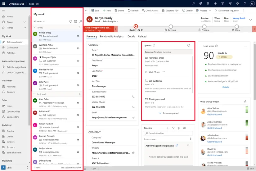 Sales Hub screen showing the work list and a lead record with the Sales Accelerator sequence panel highlighted