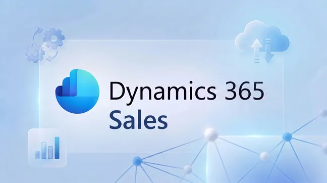 Blue-toned brand illustration featuring the Dynamics 365 Sales logo and related icons