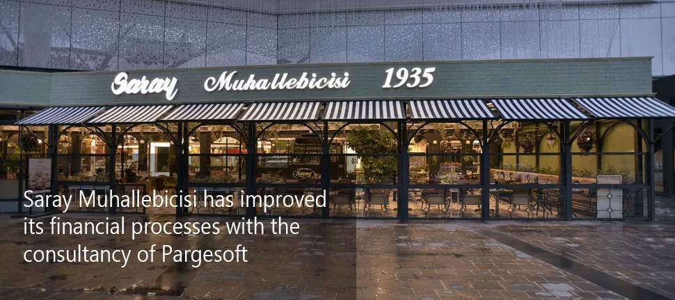 Nighttime exterior of the Saray Muhallebicisi 1935 storefront with lit awnings and outdoor seating