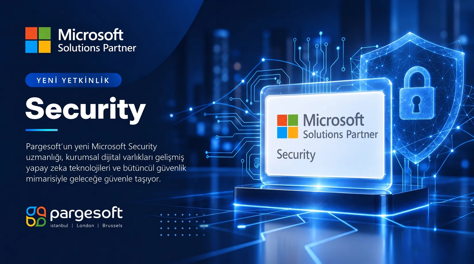 Pargesoft’un yeni Microsoft Solutions Partner yetkinliği Security’yi duyuran afiş; kalkan ve kilit simgesinin yanında parlayan Solutions Partner Security rozeti