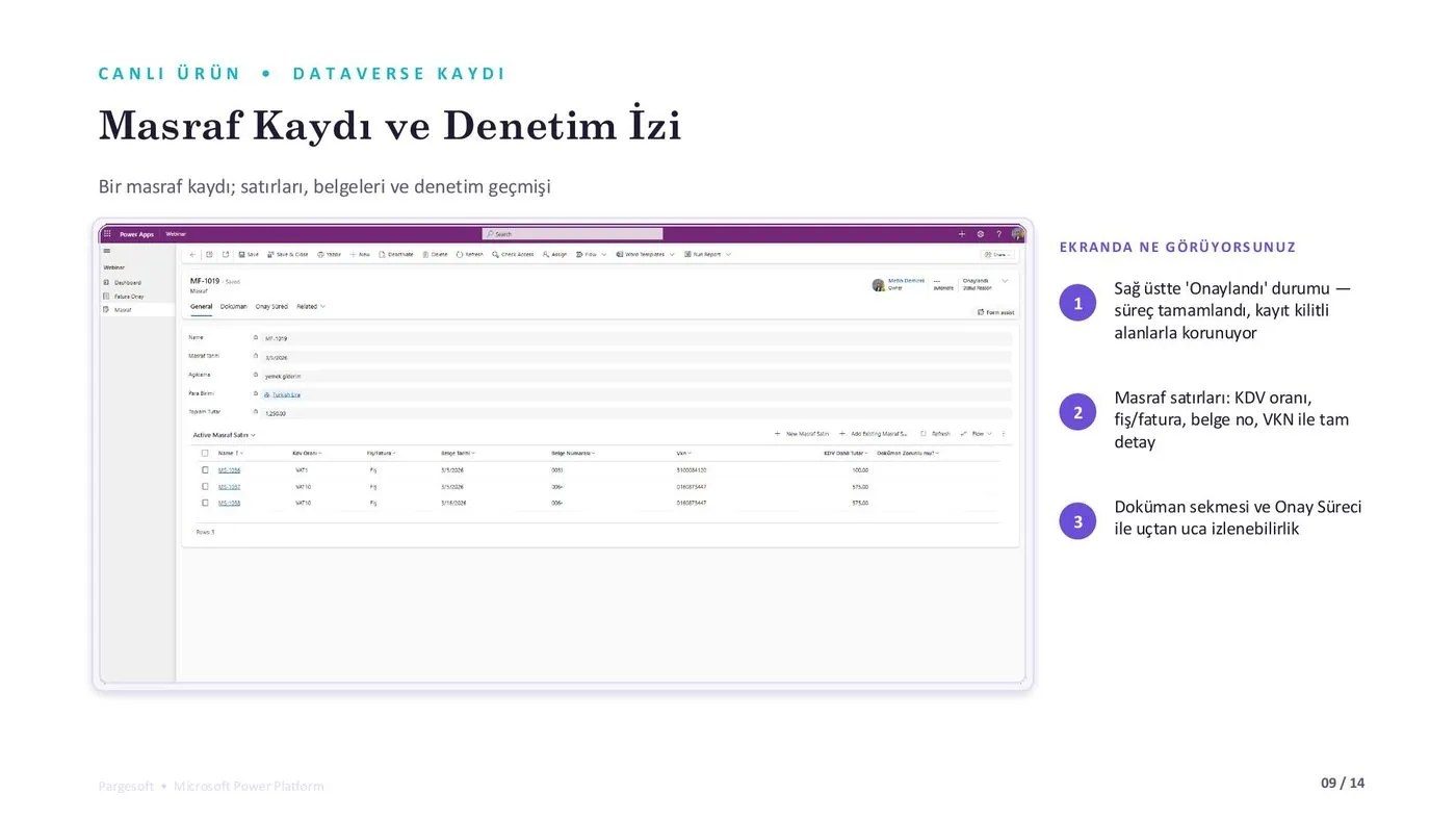 Canlı ürün: Dataverse'te masraf kaydı ve denetim izi ekranı