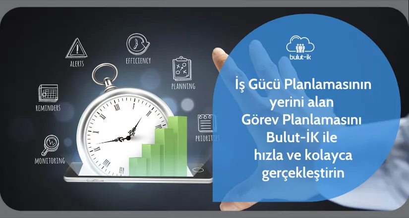 Cep saati, yükselen çubuk grafik ve alarm, verimlilik, planlama gibi simgelerden oluşan bir illüstrasyon
