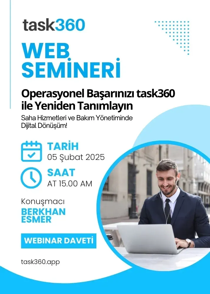 Task360 web semineri afişi: 05 Şubat 2025 tarihi, konuşmacı Berkhan Esmer, dizüstü bilgisayar başında bir adam