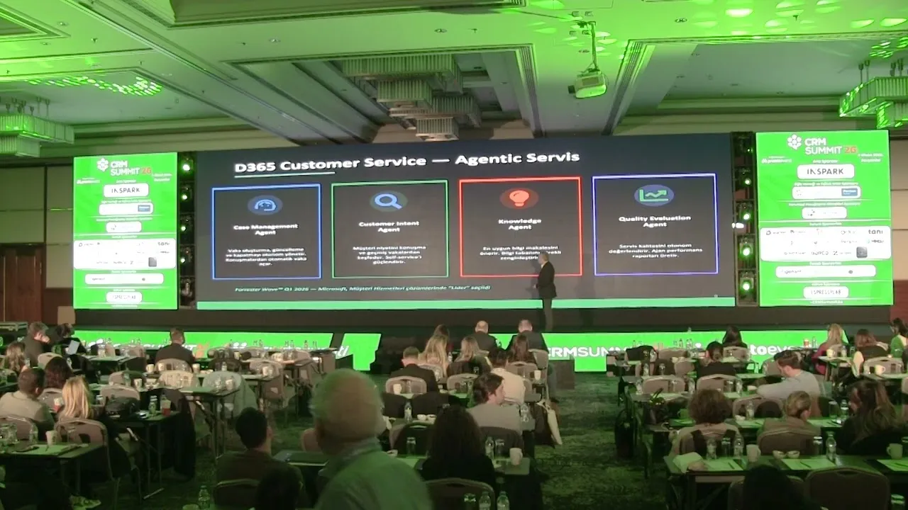 CRM Summit '26 sahnesinde Dynamics 365 Customer Service'in dört yapay zeka ajanını anlatan sunum