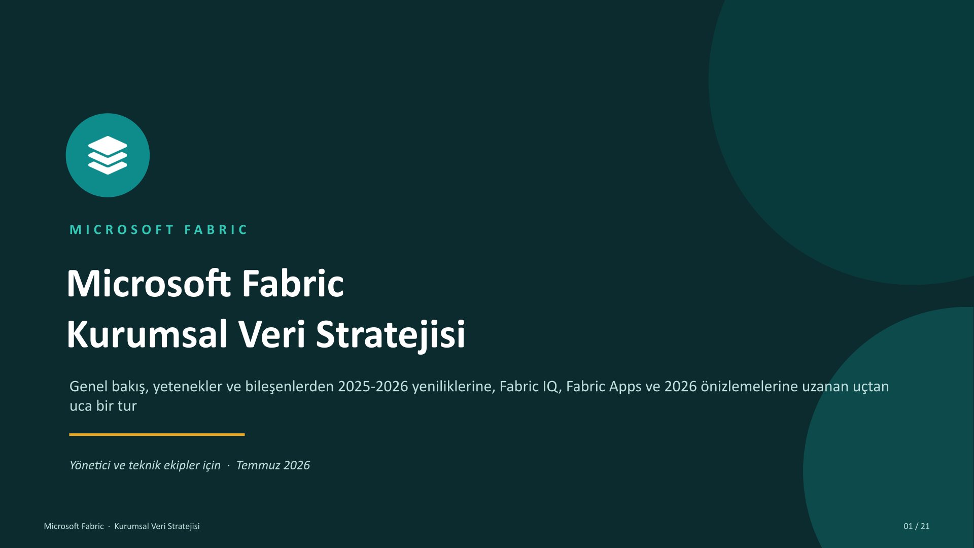 Microsoft Fabric kurumsal veri stratejisi sunumu, kapak slaytı